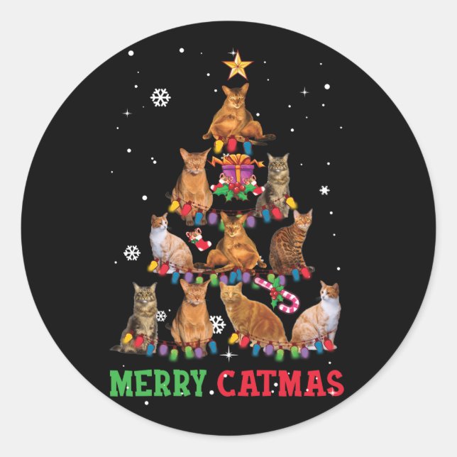 Funny Christmas Cat Meowy Catmas Xmas Tree Classic Round Sticker (Front)