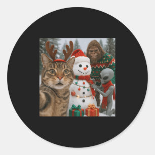 Funny Christmas Cat Selfie With Bigfoot Alien & Classic Round Sticker