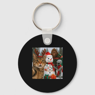 Funny Christmas Cat Selfie With Bigfoot Alien &amp Keychain