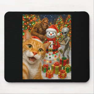 Funny Christmas Cat Selfie With Bigfoot Alien & Mouse Pad