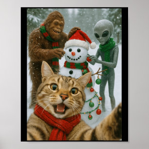 Funny Christmas Cat Selfie With Bigfoot Alien &amp Poster