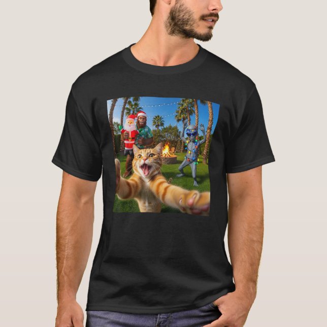 Funny Christmas Cat Selfie with Bigfoot Alien Part T-Shirt (Front)