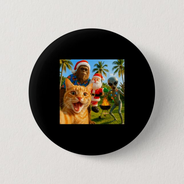 Funny Christmas Cat Selfie With Bigfoot &amp; Alie 2 Inch Round Button (Front)