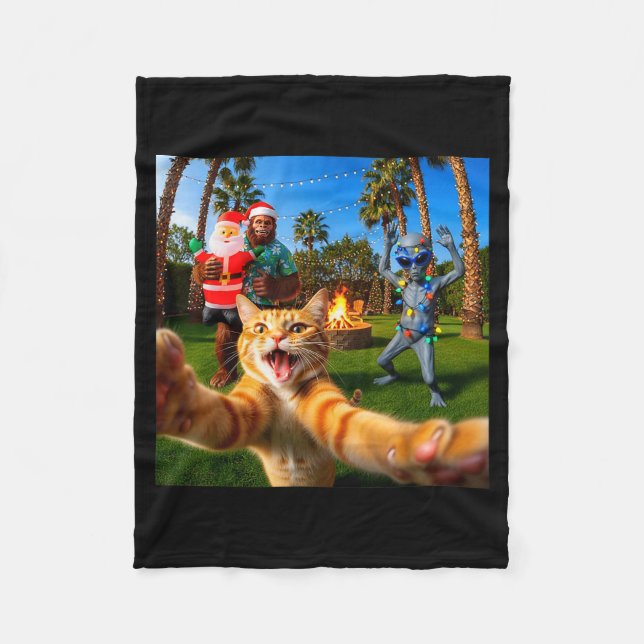 Funny Christmas Cat Selfie With Bigfoot &amp; Alie Fleece Blanket (Front)