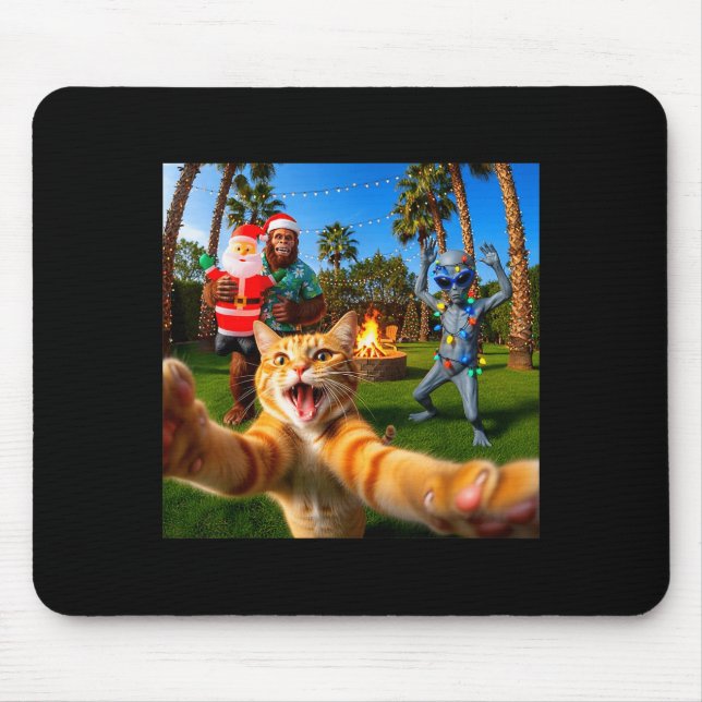 Funny Christmas Cat Selfie With Bigfoot &amp; Alie Mouse Pad (Front)