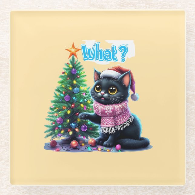 Funny Christmas Cat What with Tree Sticker Glass Coaster (Front)