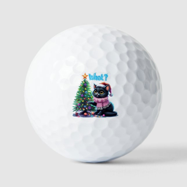 Funny Christmas Cat What with Tree Sticker Golf Balls (Front)