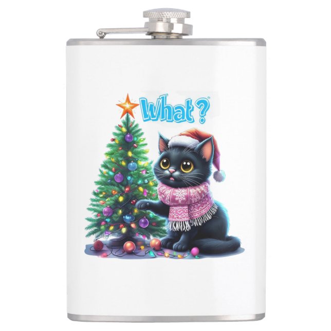 Funny Christmas Cat What with Tree Sticker Hip Flask (Front)