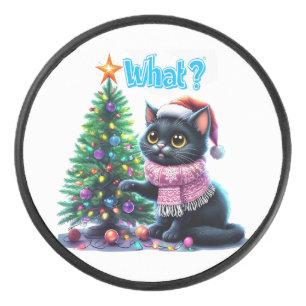 Funny Christmas Cat What with Tree Sticker Hockey Puck
