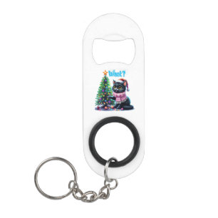 Funny Christmas Cat What with Tree Sticker Keychain Bottle Opener