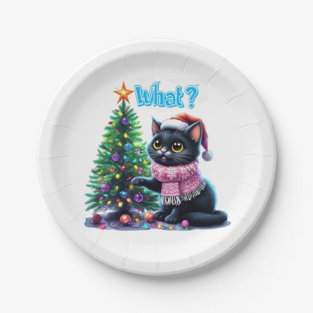 Funny Christmas Cat What with Tree Sticker Paper Plate (Front)