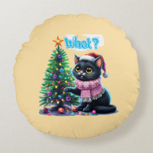 Funny Christmas Cat What with Tree Sticker Round Pillow
