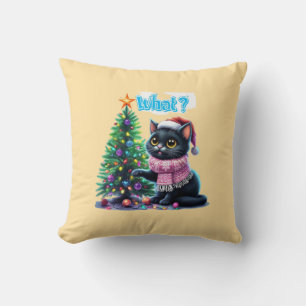 Funny Christmas Cat What with Tree Sticker Throw Pillow