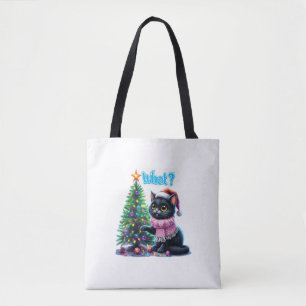 Funny Christmas Cat What with Tree Sticker Tote Bag