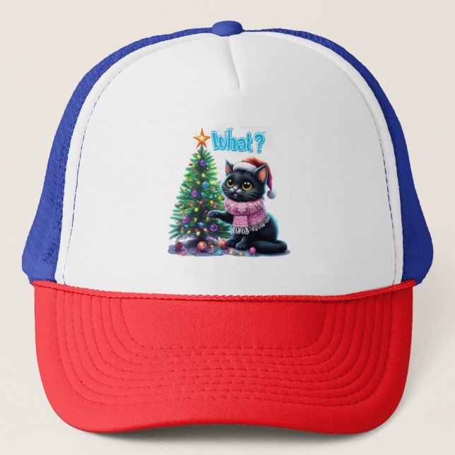 Funny Christmas Cat What with Tree Sticker Trucker Hat (Front)