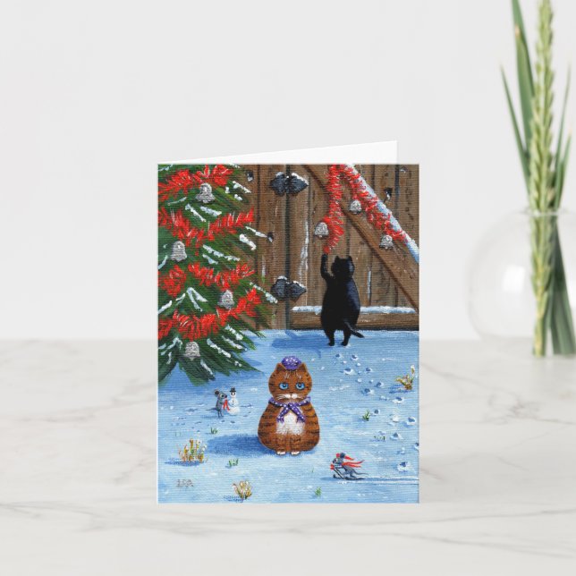 Funny Christmas Cats and Mice Creationarts Holiday Card (Front)