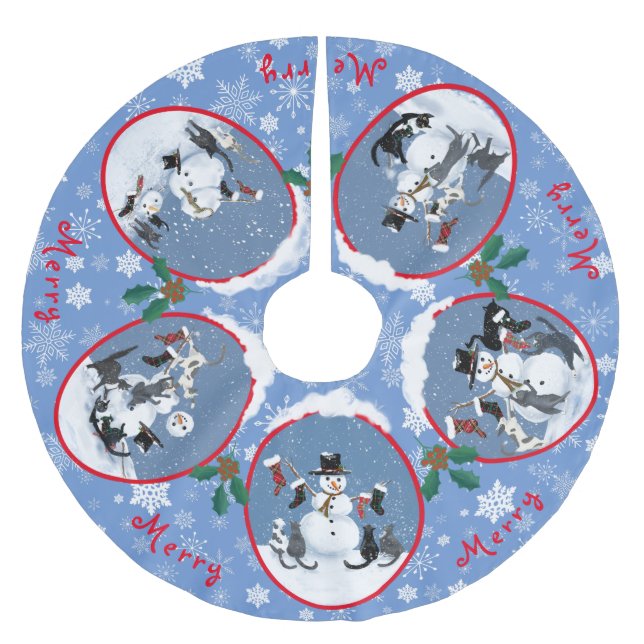 Funny Christmas cats and snowman 5 scenes Brushed Polyester Tree Skirt (Front)