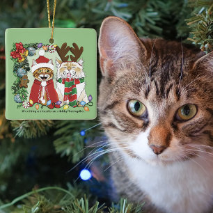 Funny Christmas Cats Holiday Photo Siblings Green Ceramic Ornament