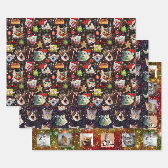 Funny Christmas Cats in Space | with Custom Photos Wrapping Paper Sheet (Set)