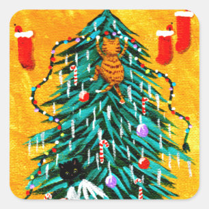 Funny Christmas Cats Tree Creationarts Square Sticker