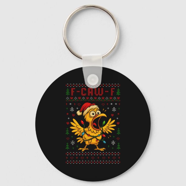 Funny Christmas Chicken F-caw-f Rooster Meme Humor Keychain (Front)