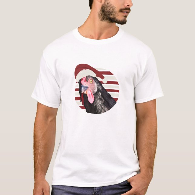 Funny Christmas Chicken Red And White Stripes T-Shirt (Front)