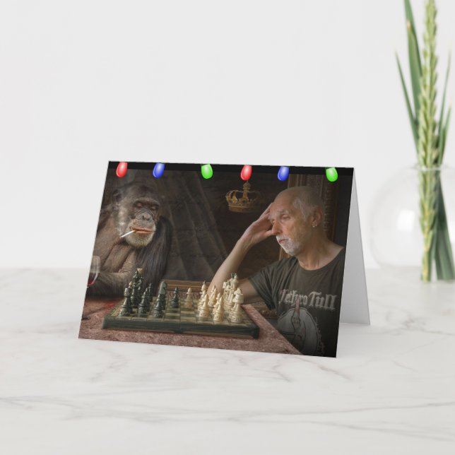 FUNNY CHRISTMAS CHIMPANZEE CHESS GREETING CARD (Front)