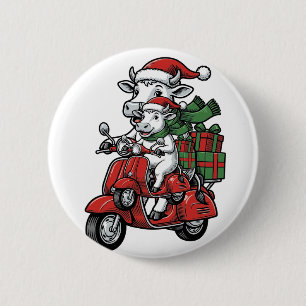 Funny Christmas Cow Riding Scooter Vintage Design_ 2 Inch Round Button