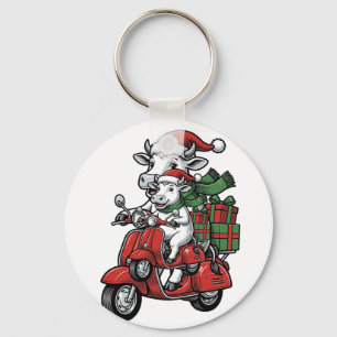 Funny Christmas Cow Riding Scooter Vintage Design_ Keychain
