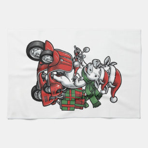 Funny Christmas Cow Riding Scooter Vintage Design_ Kitchen Towel