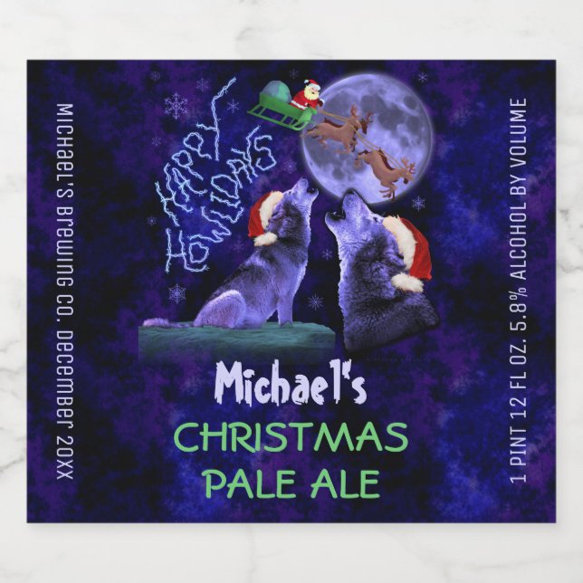 Funny Christmas Custom Homebrew Howlidays Wolves Beer Bottle Label (Single Label)
