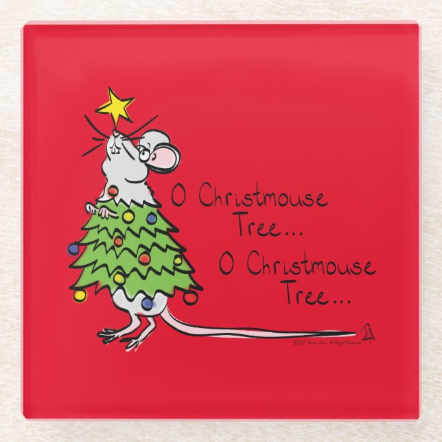 Funny Christmas Cute Mouse Tree Cartoon Glass Coaster (Front)