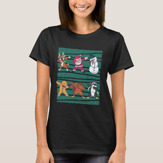 Funny Christmas Dabbing Animals Line Dancing T-Shirt (Front)