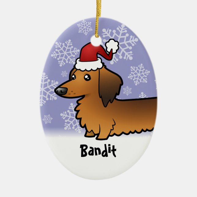 Funny Christmas Dachshund (longhair) Ceramic Ornament (Front)