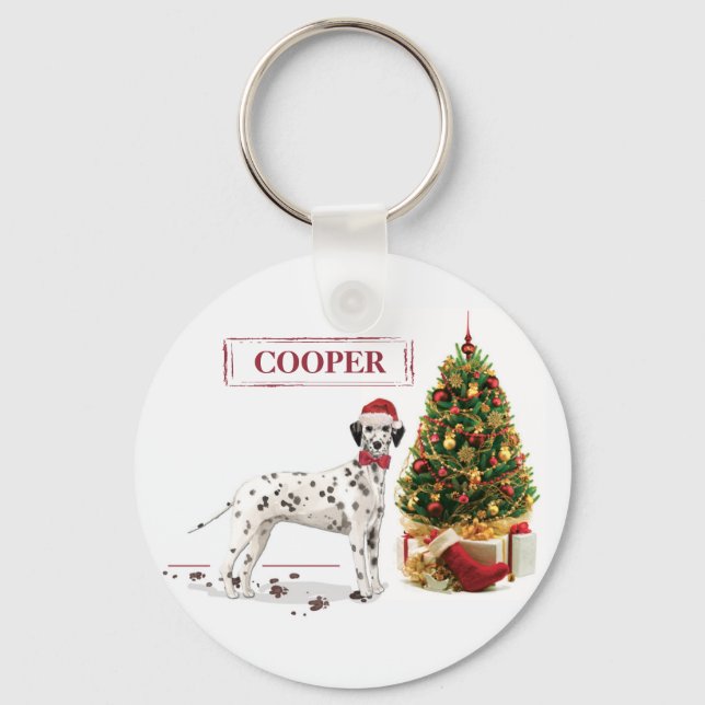 Funny Christmas Dalmatian Dog and Tree Keychain (Front)