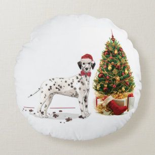 Funny Christmas Dalmatian Dog and Tree Round Pillow