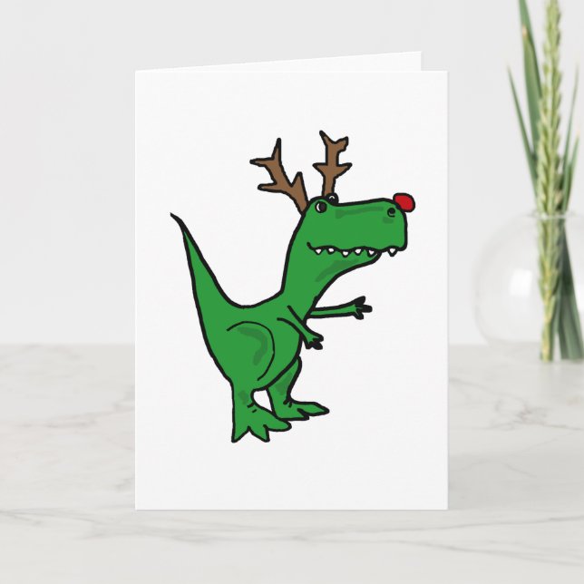 Funny Christmas Dinosaur as Reindeer Holiday Card (Front)