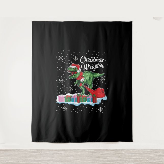Funny Christmas Dinosaur Wraptor Velociraptor Tapestry (Front)