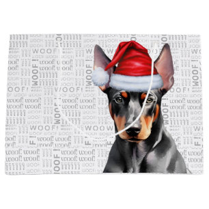 Funny Christmas Dog Doberman Pinscher Woof Words Large Gift Bag