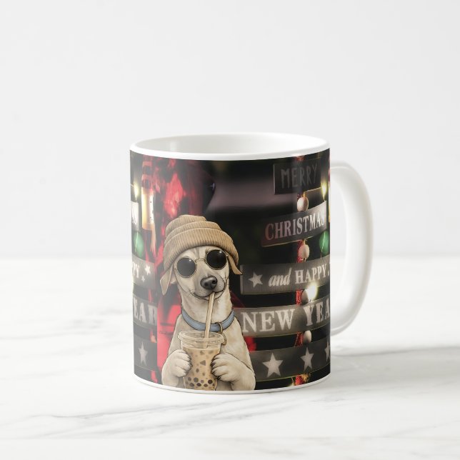 Funny Christmas Dog Drinking Bubble Tea Coffee Mug (Front Right)