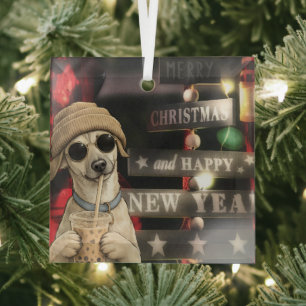 Funny Christmas Dog Drinking Bubble Tea Glass Ornament