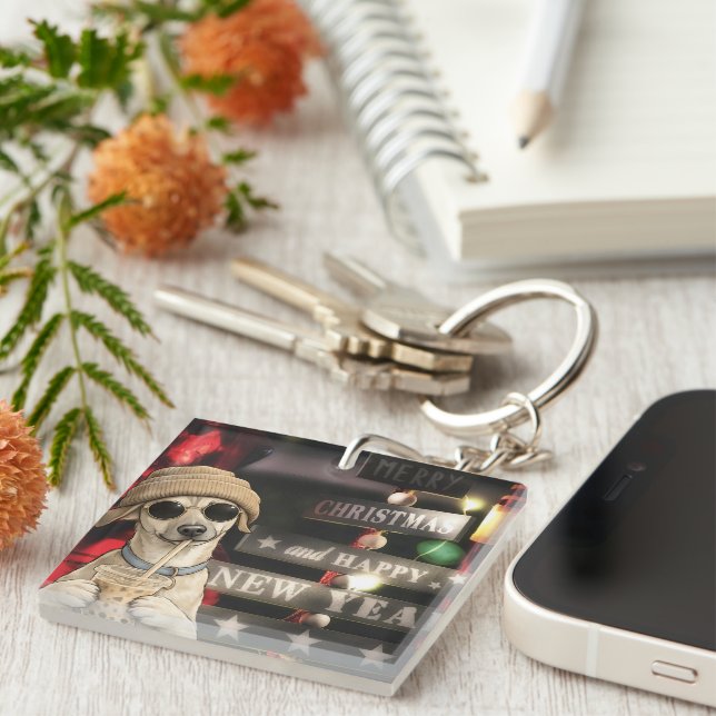 Funny Christmas Dog Drinking Bubble Tea Keychain (Front Right)