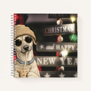 Funny Christmas Dog Drinking Bubble Tea Notebook