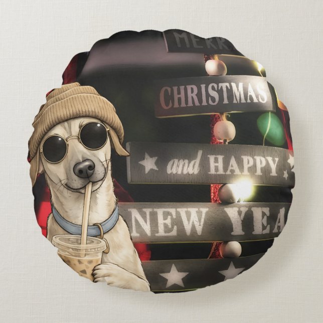 Funny Christmas Dog Drinking Bubble Tea Round Pillow (Front)