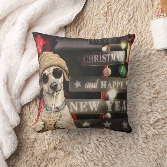 Funny Christmas Dog Drinking Bubble Tea Throw Pillow (Blanket)