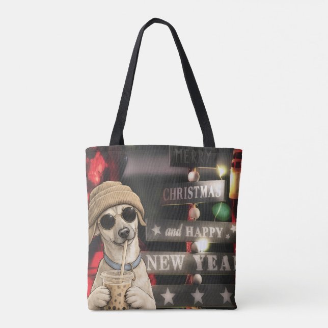 Funny Christmas Dog Drinking Bubble Tea Tote Bag (Back)