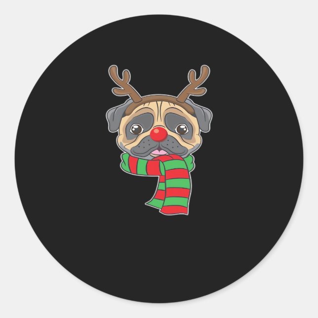 Funny Christmas Dog Xmas Reindeer Pug Holiday Gift Classic Round Sticker (Front)