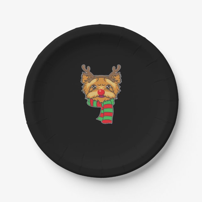 Funny Christmas Dog Xmas Reindeer Yorkshire Holida Paper Plate (Front)