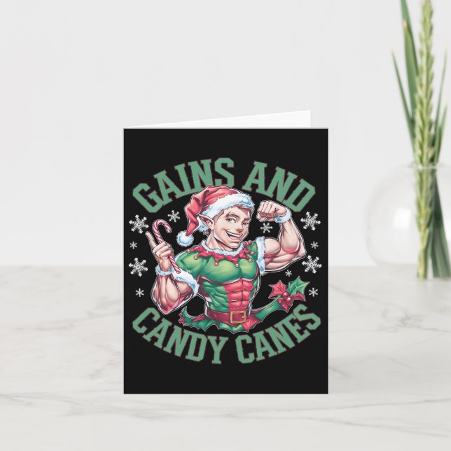 Funny Christmas Elf Gym Workout Gains And Candy Ca Card (Front)