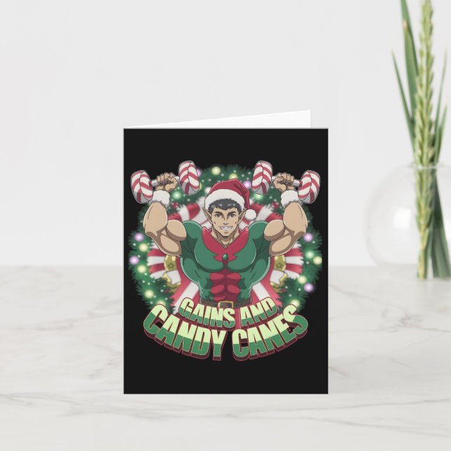 Funny Christmas Elf Gym Workout Gains And Candy Ca Card (Front)